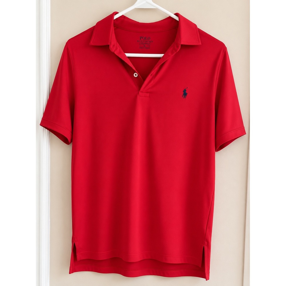 Polo Ralph Lauren Performance Mens Red Short Sleeve Polo Shirt Navy Pony Logo M